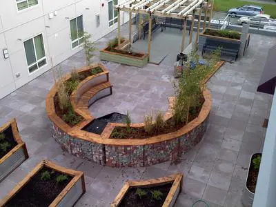 aerial view of the UW Larch Gabion curved wall
