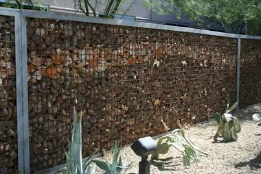 closeup view of the Gabion Fence and plants