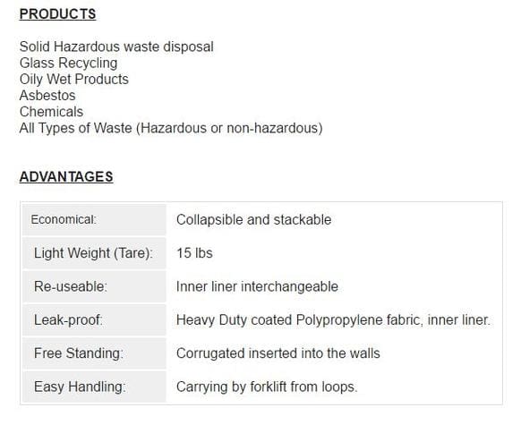 A table with different types of waste products and advantages.