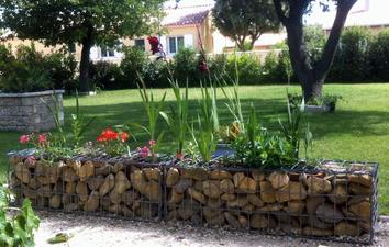 Gabions cage with plants in a garden