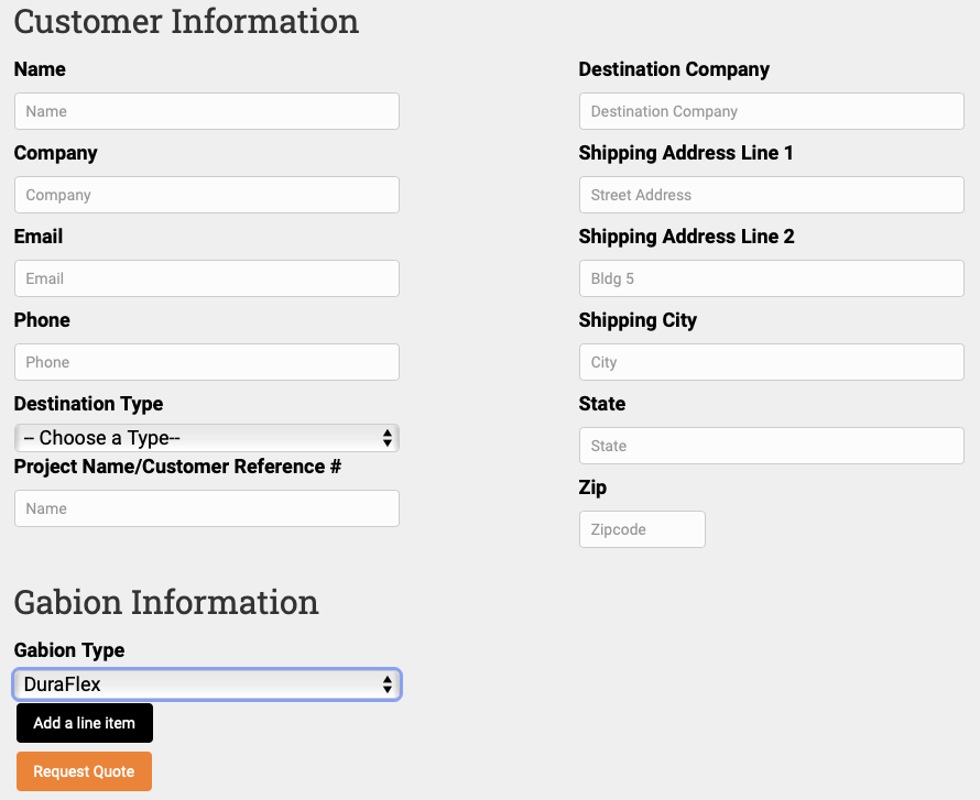 Gabion Supply Customer Information Screen Shot