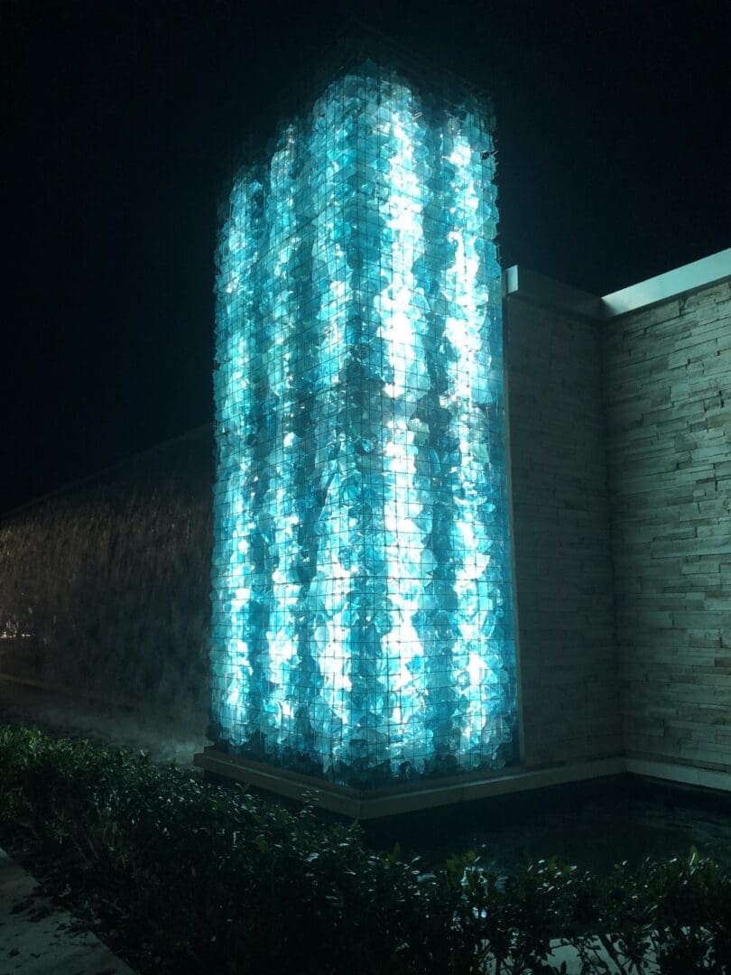 A building with blue lights on it